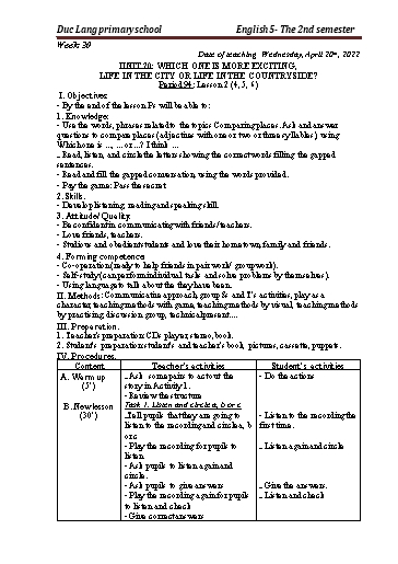 Giáo án Tiếng Anh Lớp 5 - Period 94 to 96 - Unit 20: Which one is more exciting, life in the city or life in the countryside?. Lesson 2+3 - School year 2021-2022 - Nguyen Thi Thuy Lien