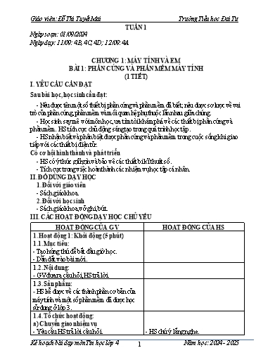 Giáo án Tin học Lớp 4 - Tuần 1 - Bài 1: Phần cứng và phần mềm máy tính (1 tiết) - Năm học 2024-2025 - Đỗ Thị Tuyết Mai