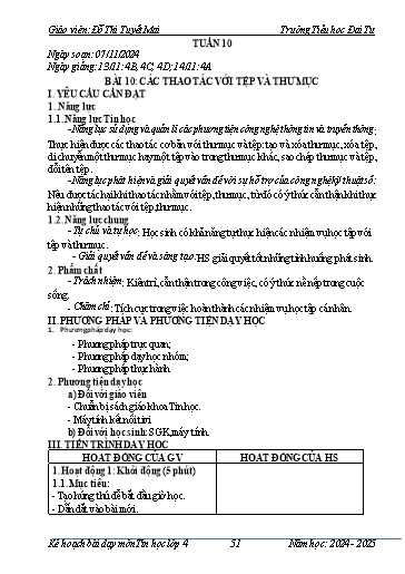 Giáo án Tin học Lớp 4 - Tuần 10 - Bài 10: Các thao tác với tệp và thư mục - Năm học 2024-2025 - Đỗ Thị Tuyết Mai