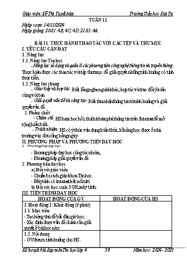 Giáo án Tin học Lớp 4 - Tuần 11 - Bài 11: Thực hành thao tác với các tệp và thư mục - Năm học 2024-2025 - Đỗ Thị Tuyết Mai