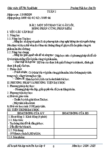 Giáo án Tin học Lớp 4 - Tuần 2 - Bài 2: Một số thao tác gây lỗi, hỏng phần cứng, phần mềm - Năm học 2024-2025 - Đỗ Thị Tuyết Mai