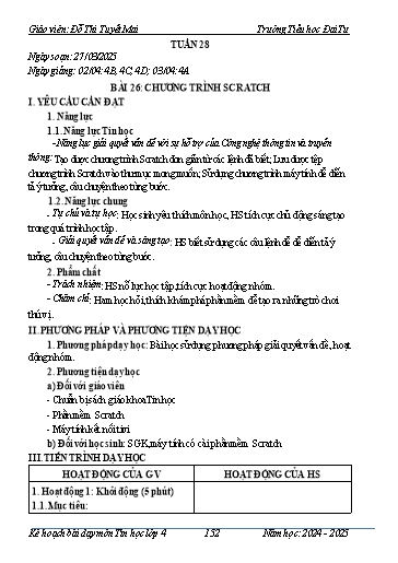 Giáo án Tin học Lớp 4 - Tuần 28 - Bài 26: Chương trình scratch - Năm học 2024-2025 - Đỗ Thị Tuyết Mai