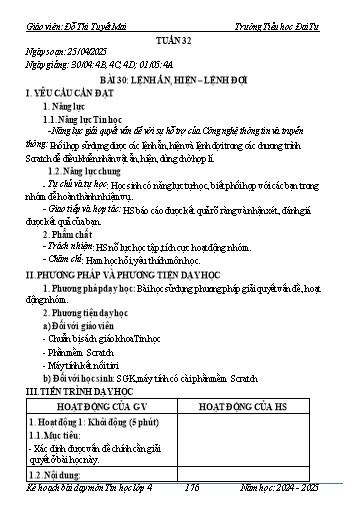 Giáo án Tin học Lớp 4 - Tuần 32 - Bài 30: Lệnh ẩn, hiện – lệnh đợi - Năm học 2024-2025 - Đỗ Thị Tuyết Mai