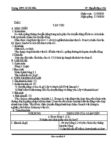 Giáo án Vật lý Lớp 8 - Tiết 2: Vận tốc - Năm học 2016-2017 - Nguyễn Ngọc Ánh