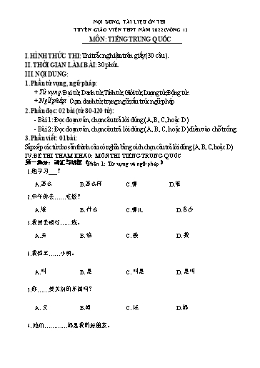 Tài liệu ôn thi tuyển giáo viên môn Tiếng Trung Quốc Khối THPT - Vòng I - Năm học 2022-2023 - Phòng GD&ĐT Huyện Yên Lạc